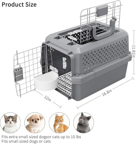 Airline-Approved Pet Carrier: Hard-Sided Crate for Cats & Dogs | Secure Metal Locking Door / Multi-Side Ventilation / Top Carry Handle / Lightweight Durable Shell / Includes Travel Bowl - Image 5