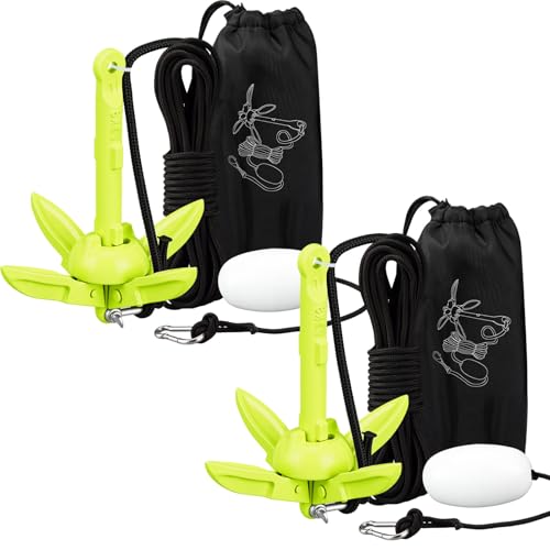 Lounsweer 2 Pack Marine Kayak Anchor Kit Grapnel Anchor Kit Folding Grapnel Anchor Boat Anchor with Foldable Claw Kayak Fishing Accessories for Small Boats Kayak Canoe Motorboat Paddle, 1.5lbs (Green)