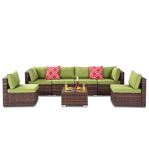 VONZOY 7 Pieces Patio Furniture Set, Outdoor Sectional Sofa Couch, Brown Wicker Rattan Patio Conversation Set with Cushions and Table (Green) VONZOY 7 Pieces Patio Furniture Set, Outdoor Sectional Sofa Couch, Brown Wicker Rattan Patio Conversation Set with Cushions and Table (Green)
