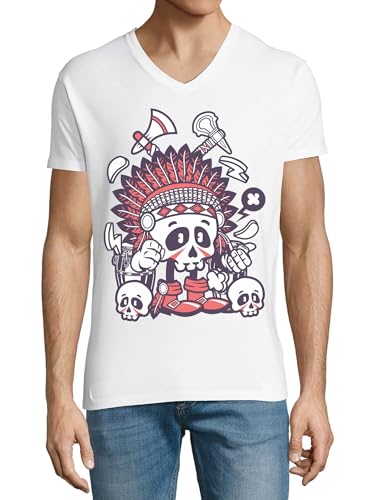 Image of Indian Chief Skull Tomahawk Peace Pipe Men's Cotton V-Neck T-Shirt White Medium