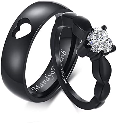VNOX 2 Pcs Personalized Couples Rings – Custom Promise Rings for Couples His and Hers Black Ring Set Stainless Steel Wedding Bands Engagement Rings for Men Women
