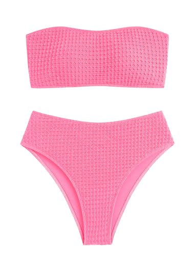 Image of ZAFUL Women's High Cut Bandeau Bikini Set Strapless Solid Color 2 Pieces Bathing Suit Swimsuit