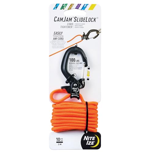 Nite Ize CamJam SlideLock Cord Tightener & 10 ft Paracord - Features Pull-to-Tighten Lock & Quick-Release Lever - 100 lb Working Load Limit - Fits Cord Sizes 2?5mm - Small