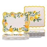 molidiki 6.6 Inch Square Plates & 8.8 Inch Rectangle Plates, Melamine Dinnerware Set for RV, Camping, Outdoor, Lemon Design, 12 Pcs, Lightweight & Durable