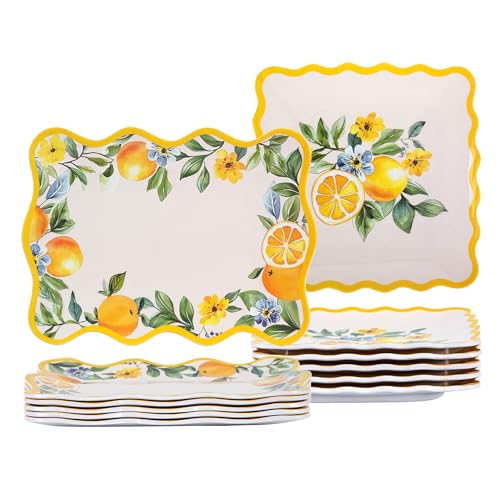 molidiki 6.6 Inch Square Plates & 8.8 Inch Rectangle Plates, Melamine Dinnerware Set for RV, Camping, Outdoor, Lemon Design, 12 Pcs, Lightweight & Durable