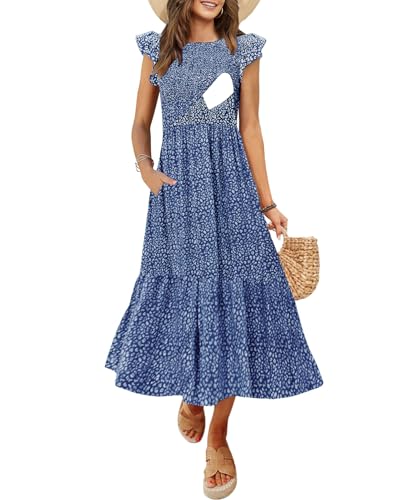 Image of CzzzyL Women's Nursing Dress Flutter Short Sleeve Crew Neck Smocked Elastic Waist Tiered Midi with Pockets
