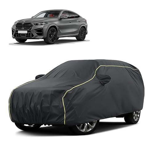 Image of Sulfar 100% Water Resistant Car Body Cover Compatible with Mirror for BMW X6 (Triple Stitched, Full Bottom Elastic, Dark Grey Taffeta with Yellow Piping)
