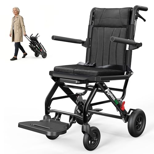 AGELESSJOY Silla de Ruedas Plegable Ligera para Mayores, Silla de Transferencia Ultraligera de Aluminio (9 kg) con Mango Telescópico, Silla Ruedas de Transporte para Viajes y Avión, Negro