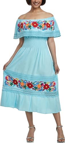 Image of YZXDORWJ Women Embroidered Mexican Peasant Casual Sexy Lace Off-Shoulder Long Dress