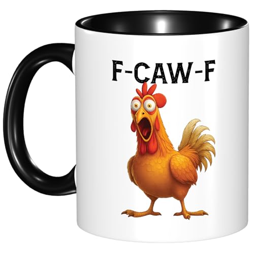 Custom Moments F-Caw-F Funny Chicken Mug 11oz – Angry Rooster Meme Cup, Crazy Hen Coffee Mug, Farm Animal Humor Gift for Friends, Party Lovers & Coworkers (F-CAW-F Black)