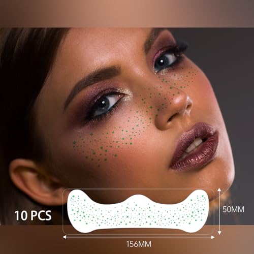 Image of Glitter Freckles, 24PCS Glitter Freckles Face Tattoo, Sparkle Freckles for Women, Waterproof Gold Temporary Face Tattoos Glitter Glow Up Patches Makeup Patches Festival (Green 10pcs)