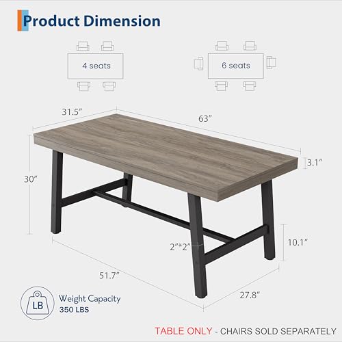 Image of GarveeHome Industrial Dining Table for 4-6 People, 63 inch Long Kitchen Table with Sturdy Metal Frame, Rectangular Counter for Dinner, Kitchen, Dining Room (Grey Walnut, 63 inch Non-extendable)