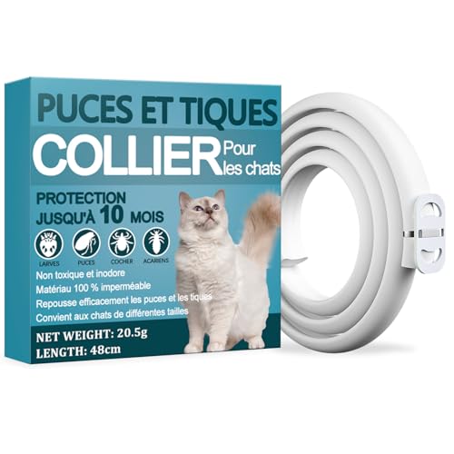 Collier Anti Puces pour Chats, Collier de Puce pour Chat avec Une Protection Efficace de 10 Mois, Imperméable, Réglable, Traitement aux Puces Chat, pour Les...