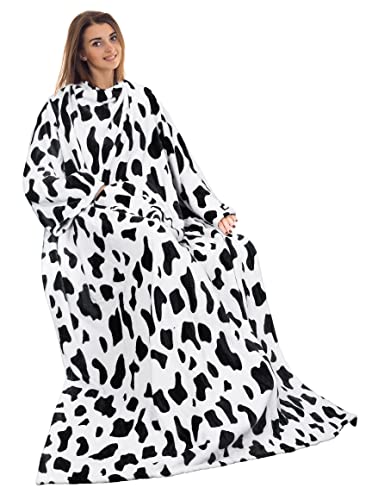 Catalonia Classy Cow Print Wearable Blanket with Sleeves, Cozy Gift for Women Wife Girlfriend, Warm Soft Fleece TV Blanket with Arms for Sofa Couch, Gift for Her, 185 x 130 cm