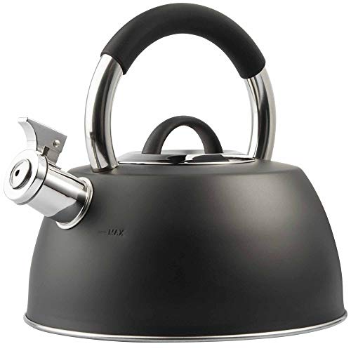 VonShef Stainless Steel Stove Top Kettle – 2.5L Retro Style Whistling Kettle – Suitable for All Hob/Stove Types Including Induction (Black)