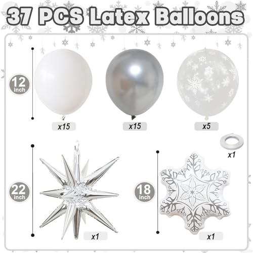 Image of White Silver Snowflake Christmas Balloons, Ice Snow Winter Party Balloons
