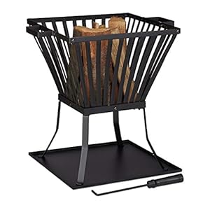 Relaxdays Feuerkorb XL mit Schürhaken, Terrasse u. Garten Feuerschale mit Unterlage, für Holz, HBT 56×56,5x45cm, schwarz