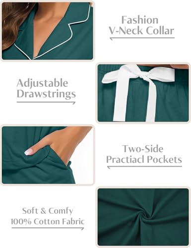 Image of COLORFULLEAF Women's 100% Cotton Pajamas Set Button Down Sleepwear Short Sleeve Shirt and Long Pants Soft Ladies Lounge Sets