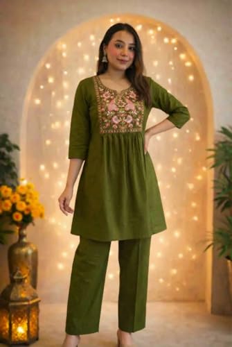 Image of Women's Rayon Embroidered Kurti with Pant Set | Floral Yoke Design | 3 /4 Sleeve Ethnic Co-Ord Set | Regular Fit Traditional Outfit