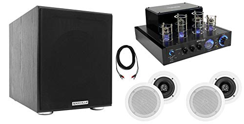 Rockville Bundle: (1) Rockville BluTube LED Tube Amplifier Bundle with (4) Rockville HC55 in-Ceiling Home Theater Speakers, (1) Rock Shaker Home Theater Sub, (1) RCDR25B 25' Ft. Audio Cable (7 Items)