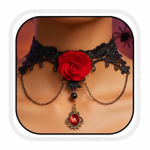 Fashband Spitzen-Choker-Halskette mit Blumen- und Kristall-Halsketten, Halloween-Schmuck, Accessoires für Frauen