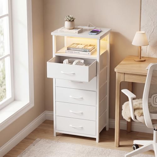 Image of Fixwal Tall Nightstand with Charging Station and LED Lights, Night Stand with PU Finish Fabric Storage Drawers, 5 Drawer Dresser, White