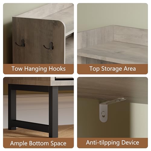 Image of Shoe Cabinet with 2 Flip Drawers, Freestanding Hidden Shoe Storage Organizer for Entryway, Narrow Slim Shoe Rack Cabinet with Open Storage & Hooks for Front Door Entrance, Living Room, Hallway, Grey