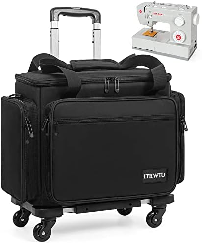 ITHWIU Sewing Machine Case with Wheels Hand Cart, Rolling Trolley Tote with Shoulder Strap and Multiple Storage Pockets, Compatible with Most Standard Singer, Brother, Janome Sewing Machines, Black
