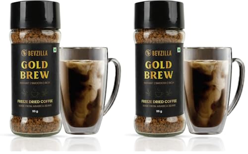 Image of Bevzilla Gold Brew Instant Freeze Dried Coffee Powder - 95g Jar |Arabica Coffee | Best for Hot & Cold Brews | Best for Espresso, Cappuccino & Iced Coffee | No Preservatives | Unbreakable Jar