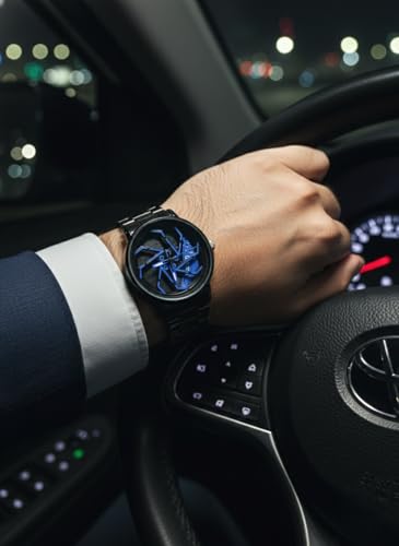 Image of Men's Spinning Car Wheel Design Analog Watch | Black Dial Stainless Steel Strap | Stylish Casual Fashion Wrist Watch for Men | Unique Gift Watch