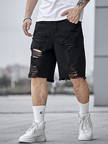 Wdirara Men's Ripped Denim Shorts Straight Leg Raw Hem Frayed Distressed Jean Shorts Pants Black M #TOP2