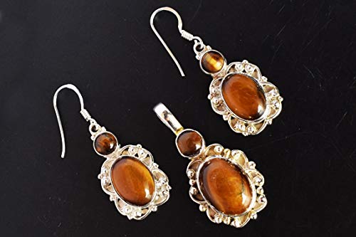 Conjunto de ojo de tigre para mujer con colgante y pendientes de plata 2