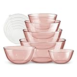 COOK WITH COLOR 12 Pc Glass Mixing Bowl Set with Lids – Borosilicate Glass Nesting Bowls for Cooking, Baking and Meal Prep, Colored Pink