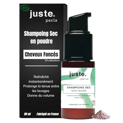 Juste.Paris Shampoing Sec Poudre Bio Sans Aérosol - Cheveux Foncés - 50 utilisations - Absorbe le Sébum, Redonne Volume et Douceur – Parfum Yuzu - Fabriqué en France