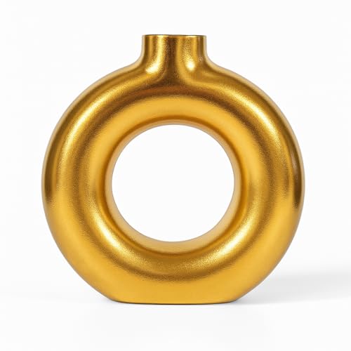 Image of Amazon Basics Artisan Crafted Ceramic Donut Shaped Vase for Unique Home Decor (9L cm x 4W cm x 16H cm) - Pack of 1, Gold