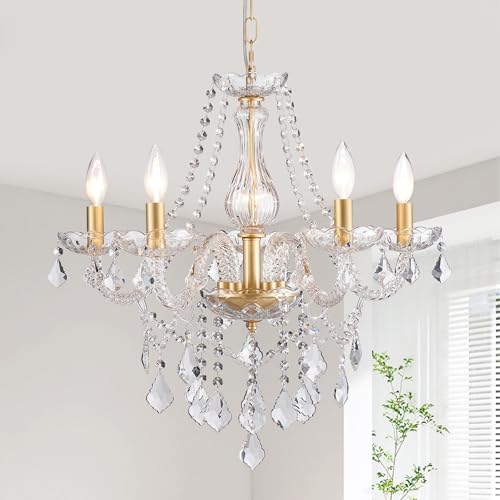 peskoe 23 Inch Gold Chandelier Candle Crystal Dining Room Light Fixture