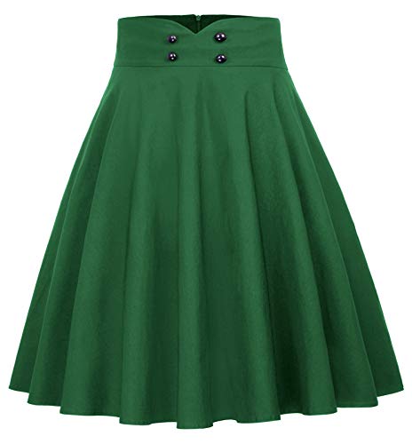 Belle Poque High Waist Flared Skirt Pleated Midi Skirt with Pocket Green Size XL