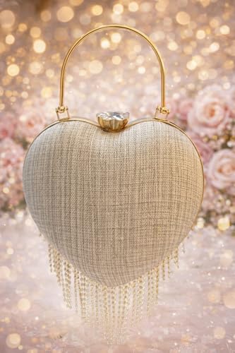 Image of Luxury Silver Beaded Pearl Heart Clutch Bag with Handle & Chain for Women Party Wedding Evening Purse.