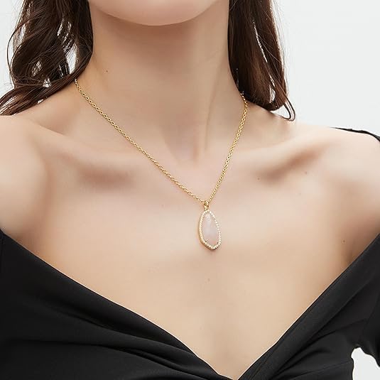 G&GEMSJEW Natural Stone Pendant Heart & Teardrop & Irregularity Necklace for Women | 18K White Gold Plated Chain | Natural Rose Quartz & Moissanite | Adjustable 18"+2" Jewelry - Image 3