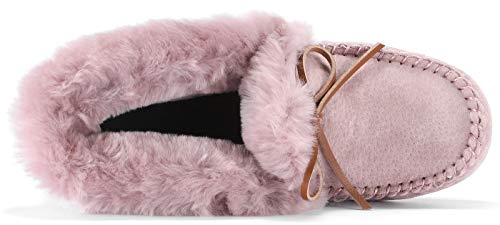 Image of Women's Moccasin Slippers with Warm Wool Lining, Pigskin Leather Non-Slip Rubber Sole for Indoor and Outdoor Casual Winter Flat Shoes