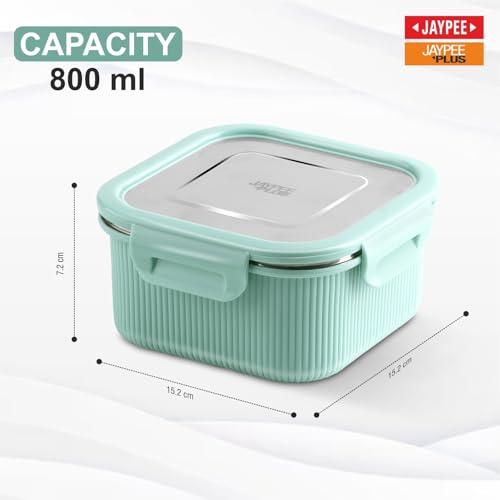 Image of Jaypee Plus Ultima Micro Seal Microwave Safe Air Tight Food Storage Container 800 ml Inner Stainless Steel Rib Design Spillproof Lunch Box for School, Office, Ideal for Snacks and Meal, Green
