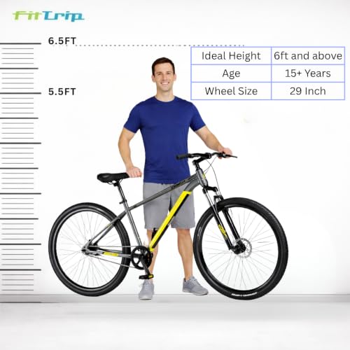 Image of FitTrip Scrambler 29T | Single Speed Without Gear MTB Cycle for Men | QC Tested Steel Alloy Frame | Zero Maintenance | Hartex Tyres | Unisex | Fully Fitted (LiquidMetal-Yellow) (Size : M)