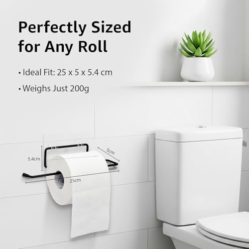 Image of Amazon Basics Self-Adhesive Toilet Paper Holder | Wall-Mounted Bathroom Tissue Roll Hanger | Rust Proof GI Steel with Powder-Coated Black Finish | 24.8L X 5.47W x 4.8H cm, Pack of 2