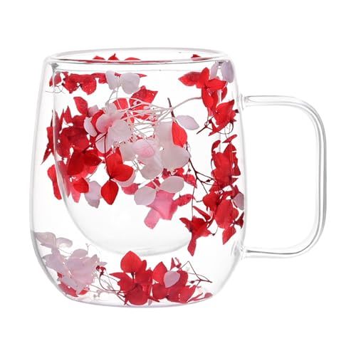 Tazas de de doble pared, taza de café con forma de flor seca - Taza de té transparente de doble capa con mango para zumo, bebidas y agua de 200 ml