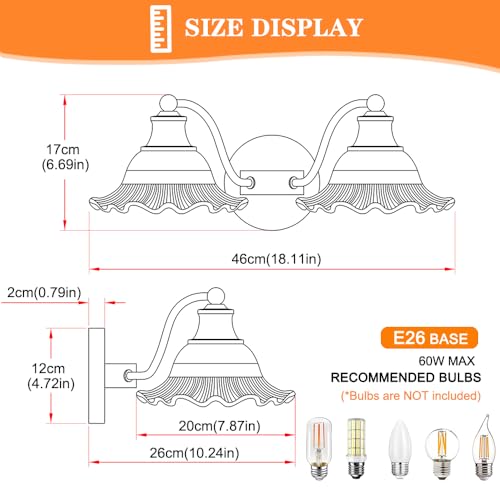 Image of Bright Brushed Gold Bathroom Vanity Light Vintage Style, E26 Easy Mounted | Vanity Light with Flower Glass Shades, 18 inch Wide Bathroom Lighting Over Mirror, Easy Mounted for Bathroom, Bedroom, Hallway