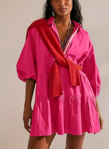 Image of chouyatou Women's Summer Puff Sleeve Tiered Tunic Babydoll Dress Cute Mini Button Down Shirt Dress