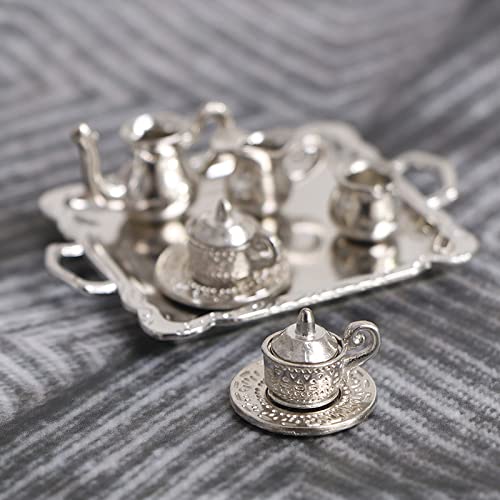 10pcs Miniature Silver Metal Teapot Coffee Tray Figurine Tableware Set for Home Office Desktop Decor - 4