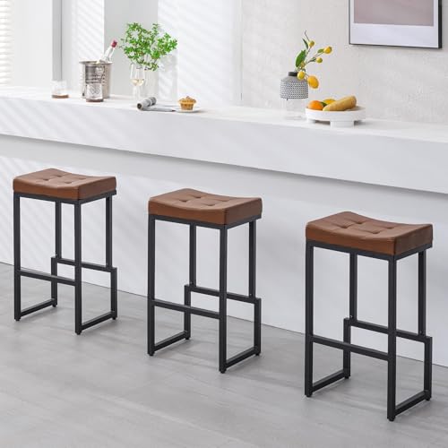 Image of FIRAVOE 28 inch Bar Stools Set of 3, PU Leather Backless Saddle Bar Stools