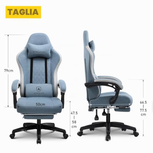 GTPLAYER Sedia da gaming, ergonomica, da scrivania, con superficie in tessuto, cuscino a molla, braccioli di collegamento e poggiapiedi, Azzurro - Immagine 2