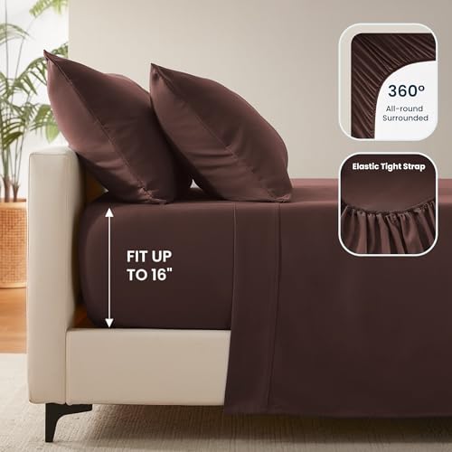 SLEEP ZONE Nanotex Super Soft Cooling Queen Bed Sheets Set 4 Piece - Easy Care Fitted Flat Sheet & Pillowcase Sets - Wrinkle Free, Fade Resistant, Deep Pocket 16" (Brown, Queen)